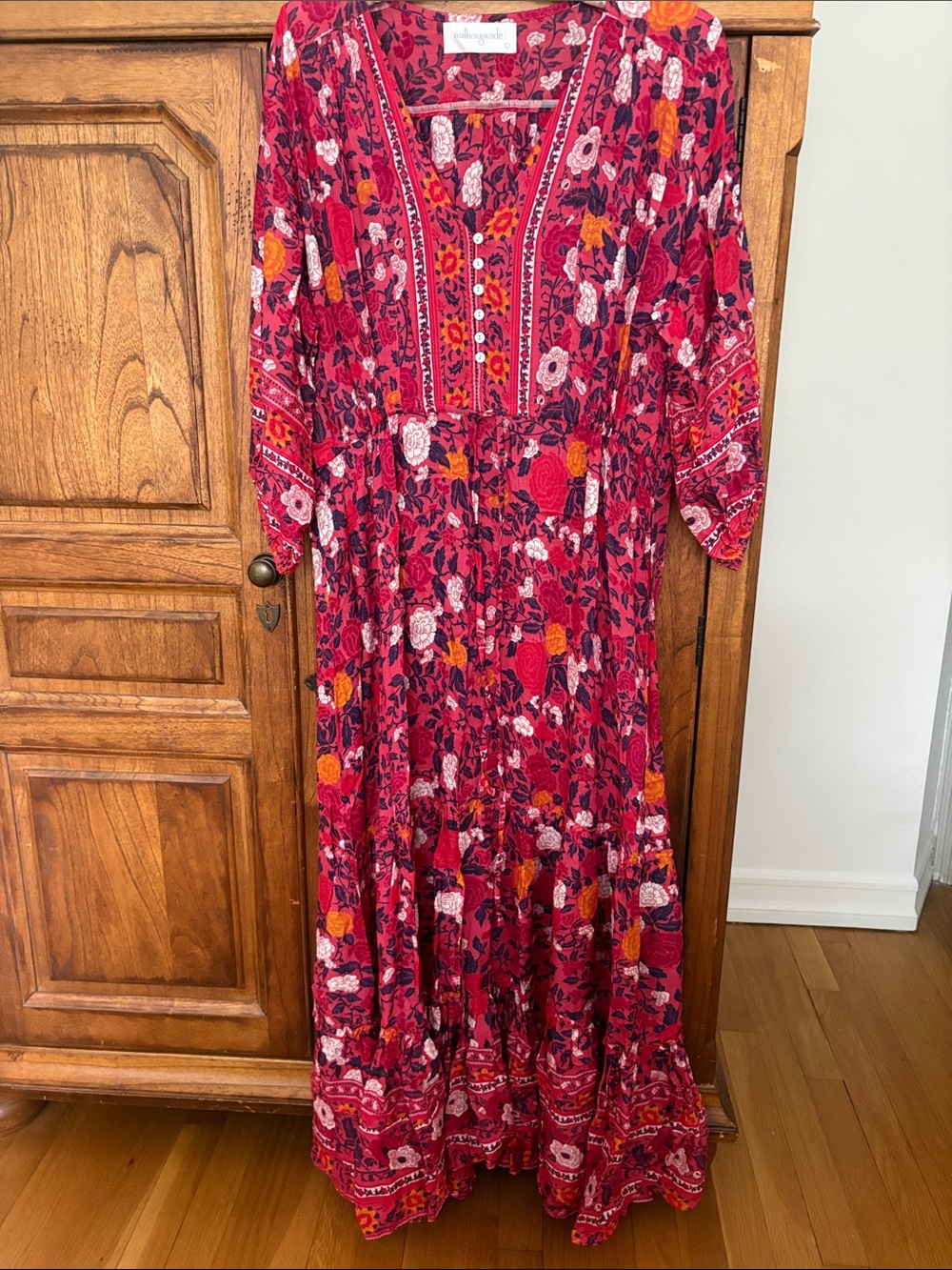 Sundance Raspberry Floral Midi Dress with Orange and Navy Accents